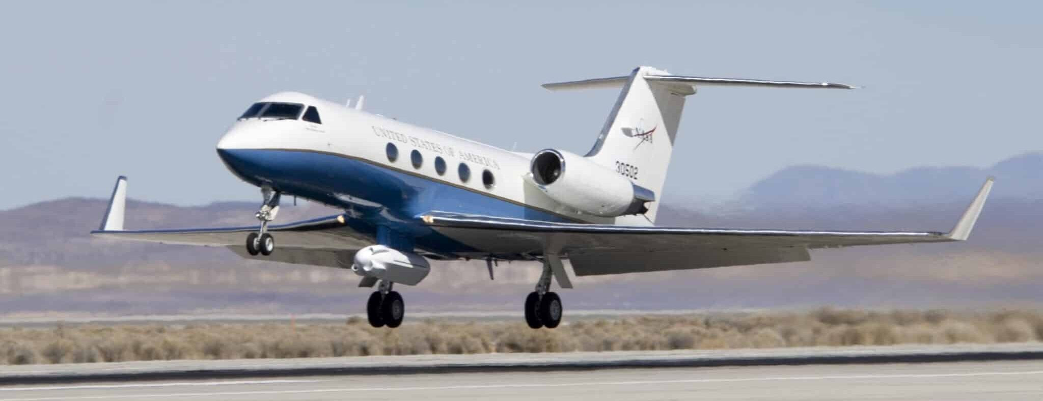 Modified NASA Gulfstream III in early flight tests with the UAVSAR pod attached to the underside of the aircraft (image credit: NASA/DFRC)