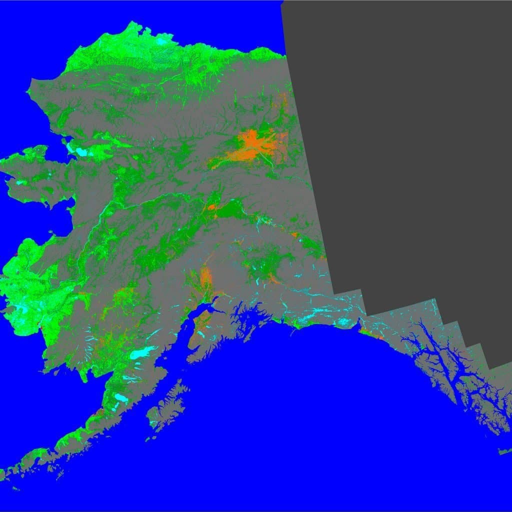 This landmark, high-resolution map of Alaska wetlands, published in 2009, was created with mosaics of radar imagery. © JAXA 1993-1998.
