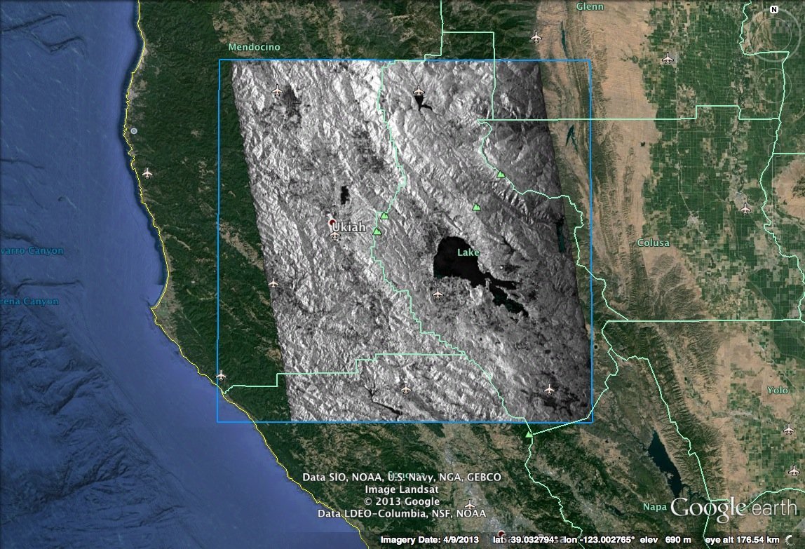 KML overlay of the terrain-corrected SAR amplitude image.