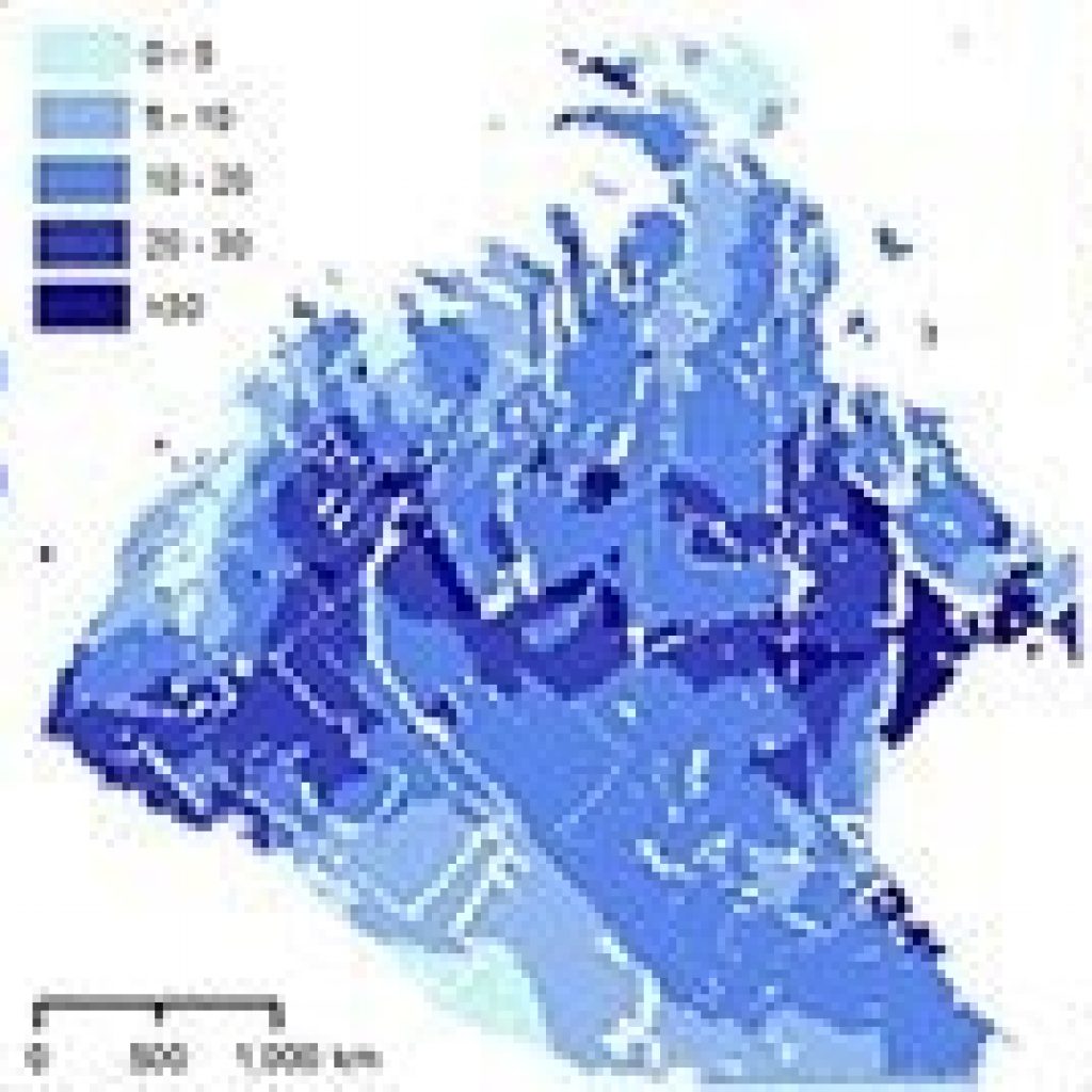 This image illustrates sea-ice-motion magnitude, one of the parameters in the Lagrangian products, at three points in time in the Arctic Ocean basin. Dark blue indicates the most motion, more than 30 km a day. The spatial extent of the data illustrated here is the typical extent of the winter products.