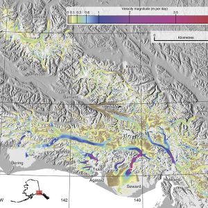 Glacier surface-velocity map of the Wrangell and St. Elias Ranges. Light grey glacier outlines indicate missing data. Image credit: Evan Burgess, 2013. Includes Material © JAXA,METI 2006-2011