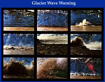 A sequence of photographs taken when Child's Glacier calved. The resulting wave reached over 12 feet high and almost washed away the photographer. Cordova, Alaska. Photos by Ron Rose.