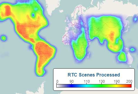 Heat Map of FBS Extent of Processed RTC scenes. Extent and concentration of processed RTC scenes.